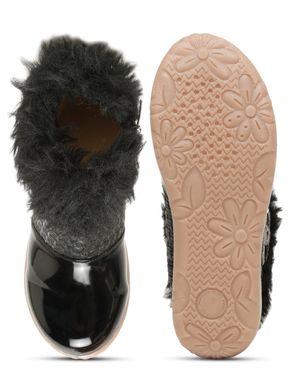 Tiny Bugs Girls Party Wear Embellished Fur Boots - Black