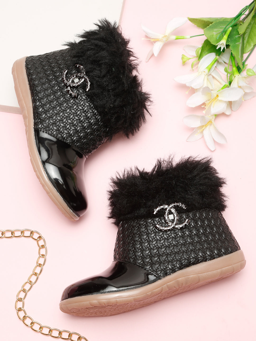 Tiny Bugs Girls Party Wear Embellished Fur Boots - Black