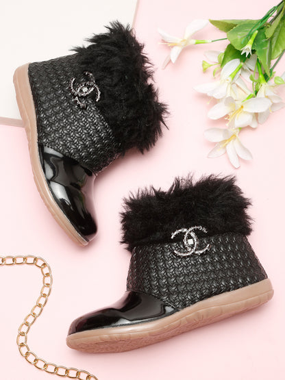 Tiny Bugs Girls Party Wear Embellished Fur Boots - Black