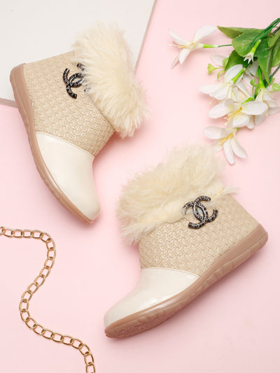 Tiny Bugs Girls Party Wear Embellished Fur Boots - Beige