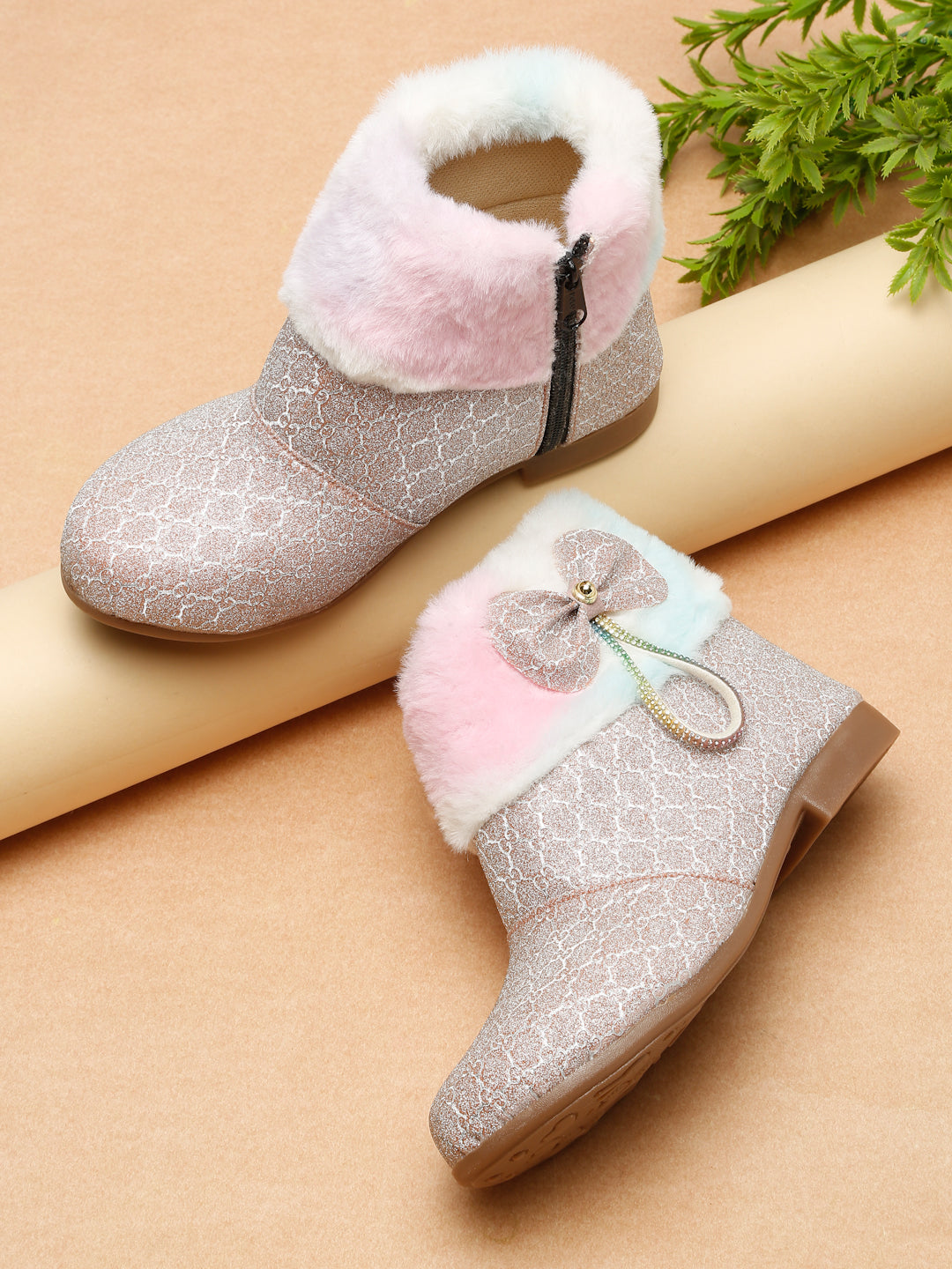 Tiny Bugs Girls Party Wear Embellished Fur Boots - Gold