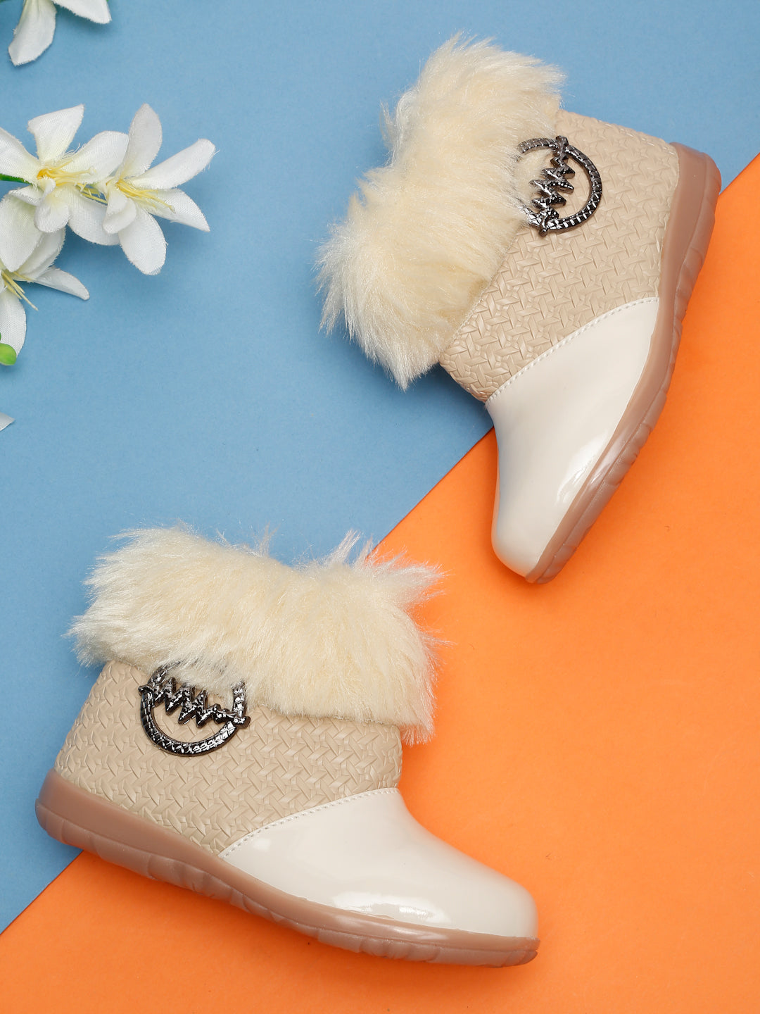 Tiny Bugs Girls Party Wear Embellished Fur Boots - Beige
