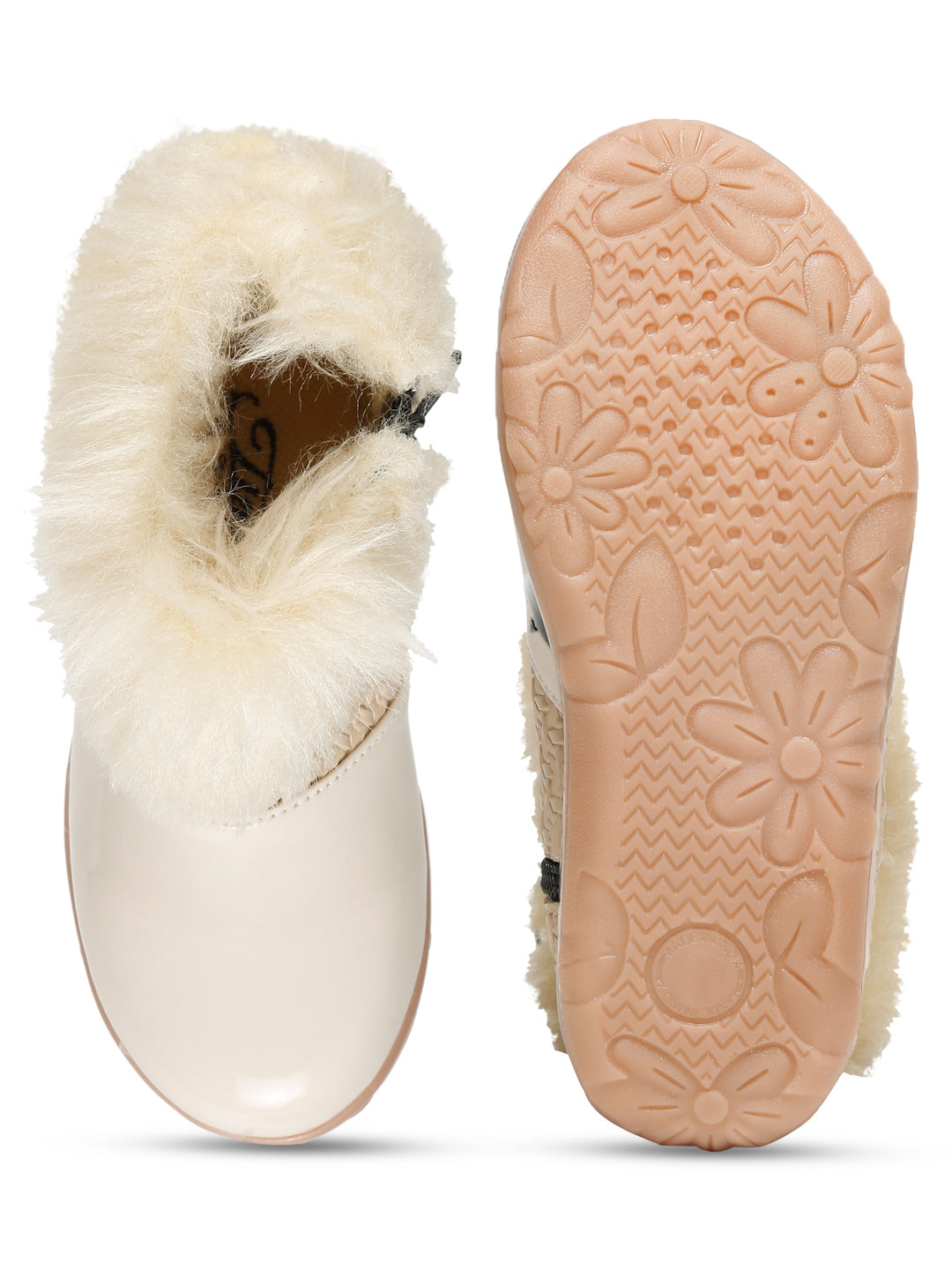 Tiny Bugs Girls Party Wear Embellished Fur Boots - Beige