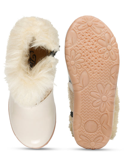 Tiny Bugs Girls Party Wear Embellished Fur Boots - Beige