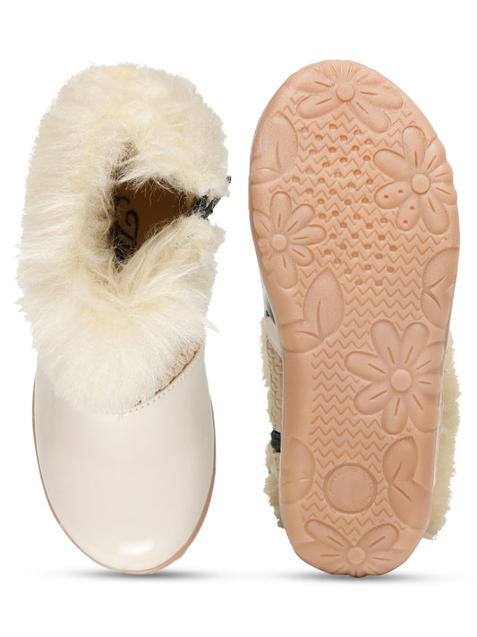 Tiny Bugs Girls Party Wear Embellished Fur Boots - Beige