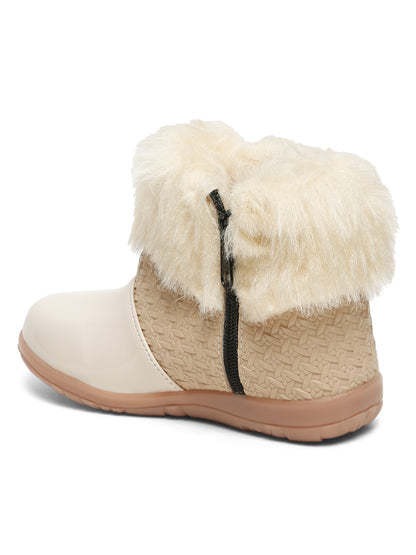 Tiny Bugs Girls Party Wear Embellished Fur Boots - Beige
