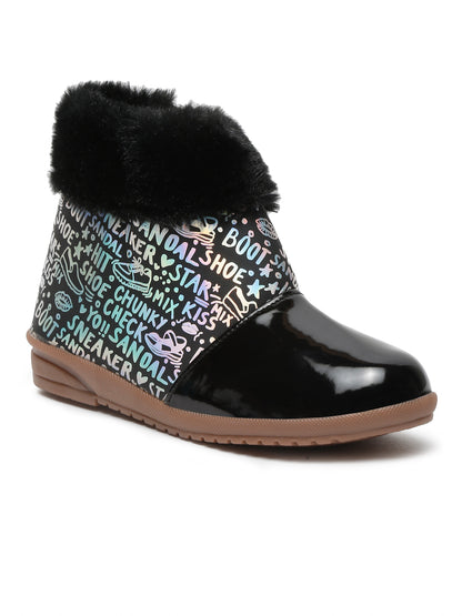 Tiny Bugs Girls Party Wear Fur Boots - Black