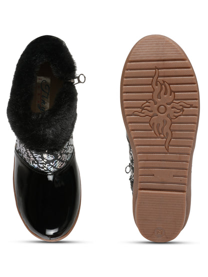Tiny Bugs Girls Party Wear Fur Boots - Black