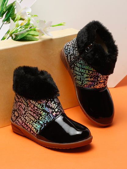 Tiny Bugs Girls Party Wear Fur Boots - Black