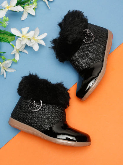 Tiny Bugs Girls Party Wear Embellished Fur Boots - Black