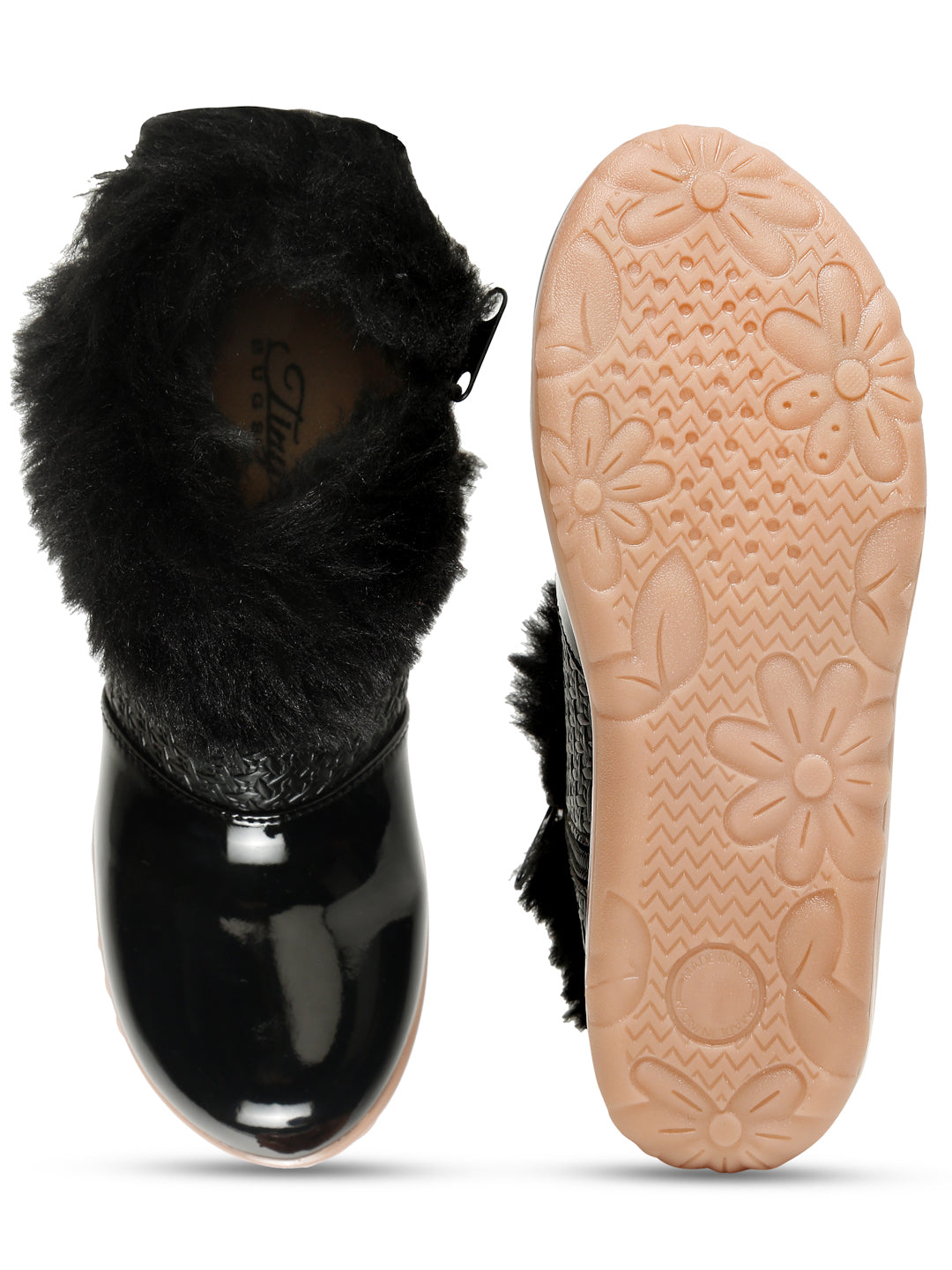 Tiny Bugs Girls Party Wear Embellished Fur Boots - Black