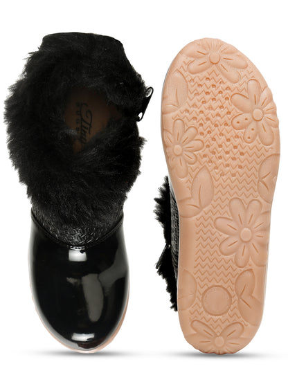 Tiny Bugs Girls Party Wear Embellished Fur Boots - Black