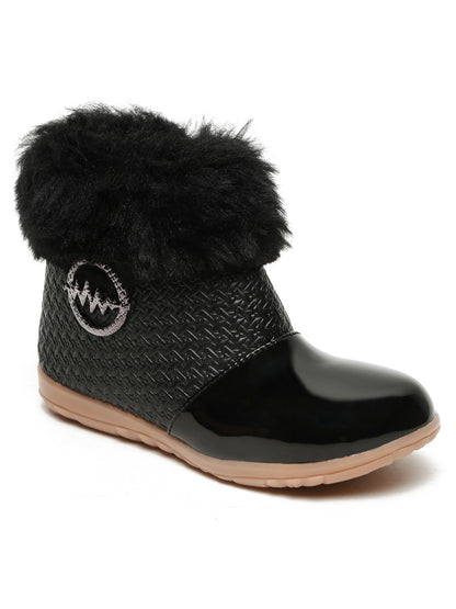 Tiny Bugs Girls Party Wear Embellished Fur Boots - Black