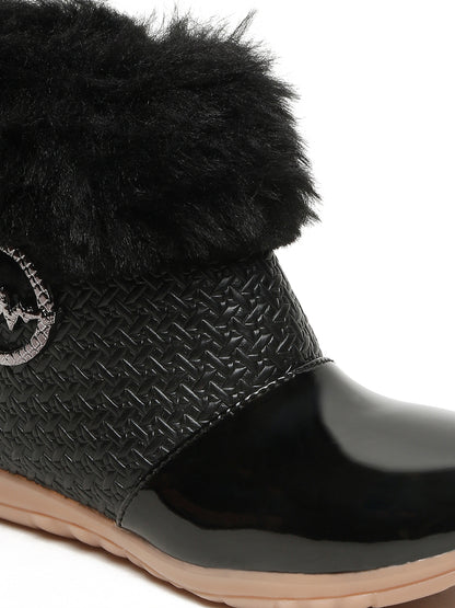 Tiny Bugs Girls Party Wear Embellished Fur Boots - Black