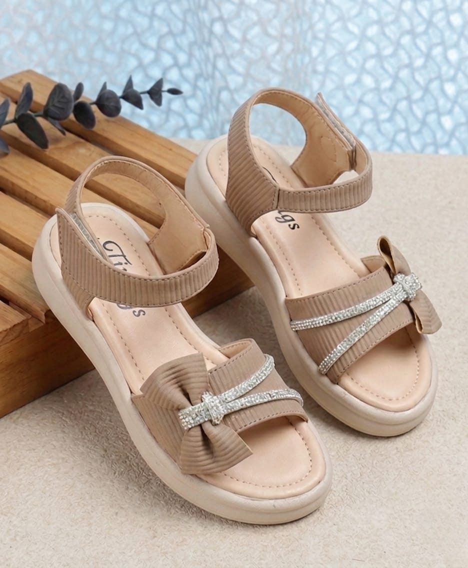 Tiny Bugs Girls Party Wear Embellished Sandals - Beige