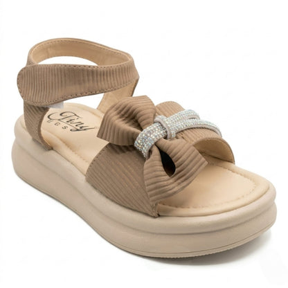 Tiny Bugs Girls Party Wear Embellished Sandals - Beige