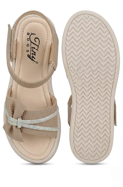 Tiny Bugs Girls Party Wear Embellished Sandals - Beige